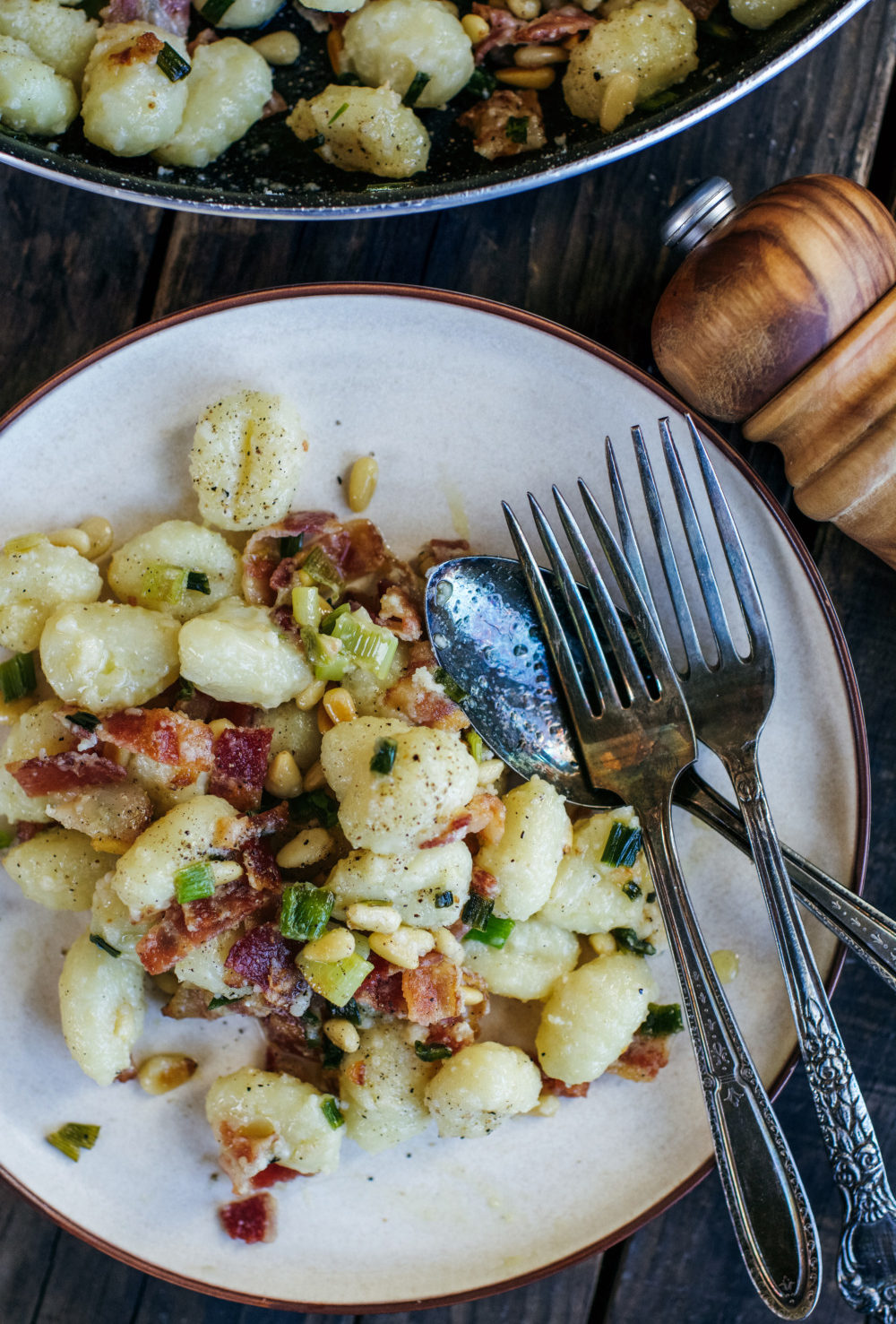Gnocchi with Crispy Bacon, Scallions, Toasted Pine Nuts and Parmigiano