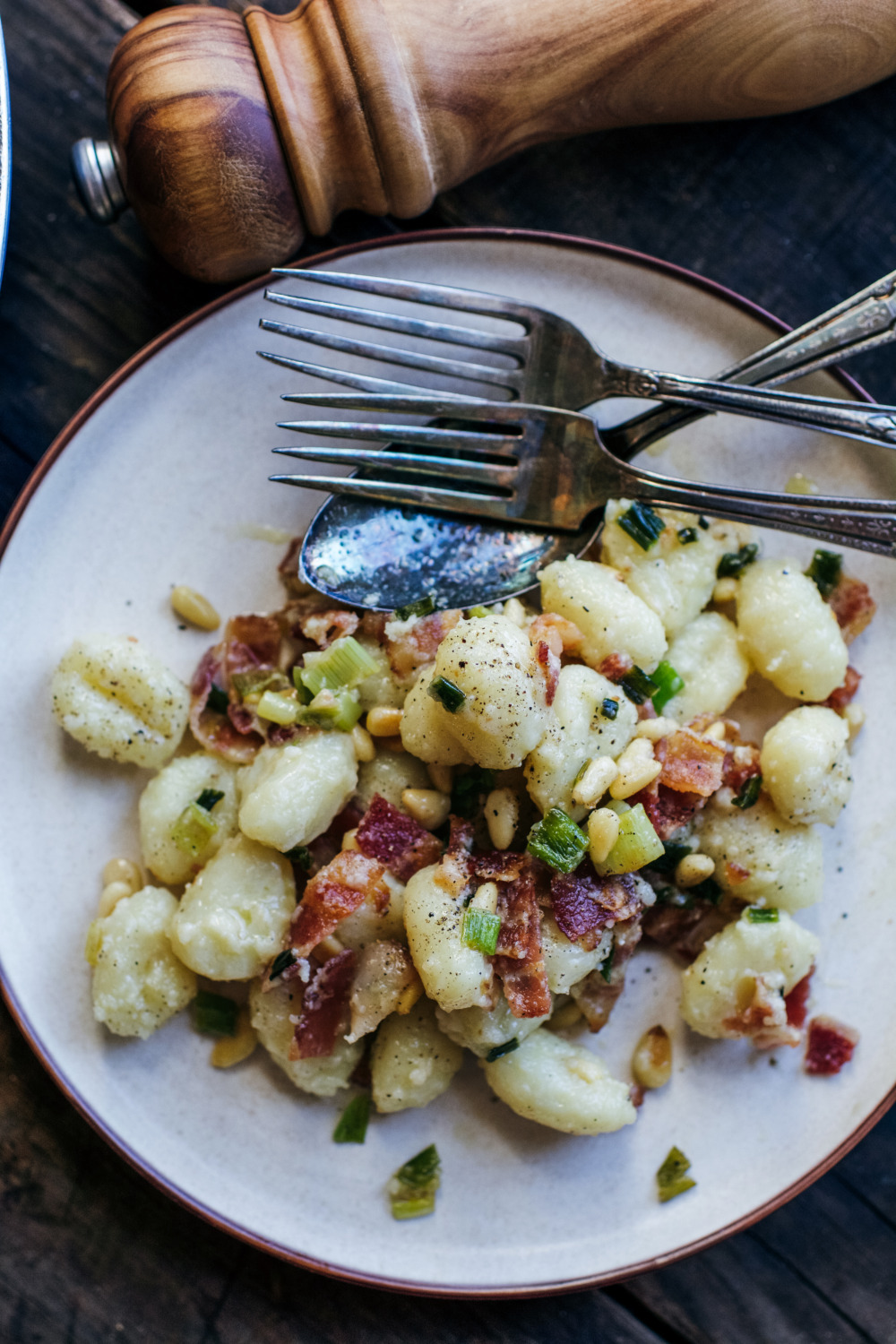Gnocchi with Crispy Bacon, Scallions, Toasted Pine Nuts and Parmigiano