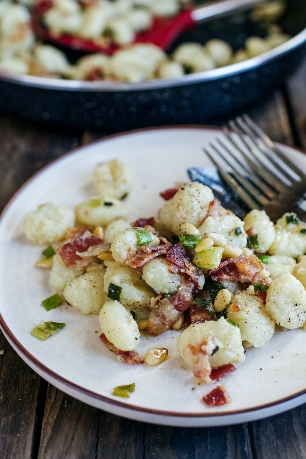 Gnocchi with Crispy Bacon, Scallions, Toasted Pine Nuts and Parmigiano