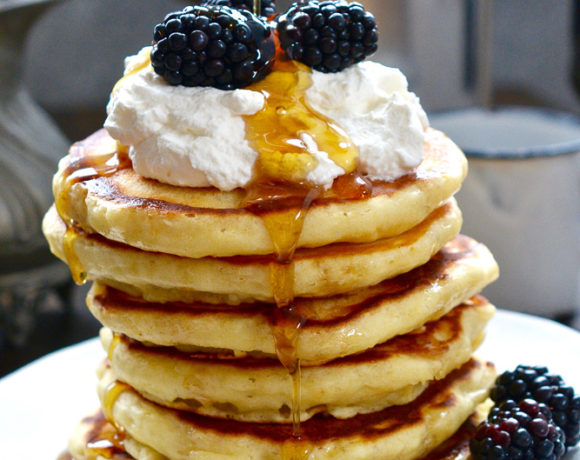 Bourbon Barrel Aged Maple Syrup Pancakes with Whipped Cream and Blackberries ciaochowbambina.com