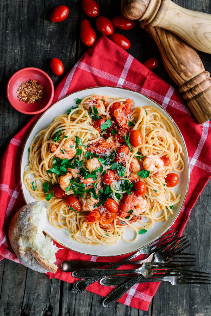 Pasta with Spicy Garlic Shrimp & Burst Grape Tomatoes | Ciao Chow Bambina