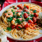 Pasta with Spicy Garlic Shrimp & Burst Grape Tomatoes