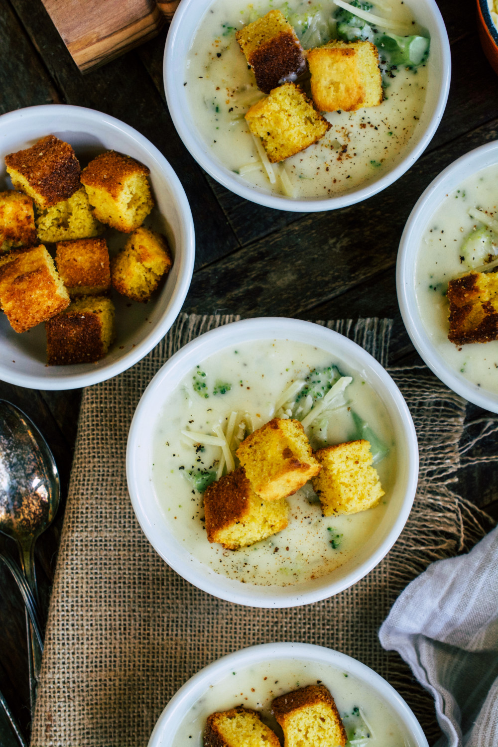Broccoli White Cheddar Soup with Cornbread Croutons