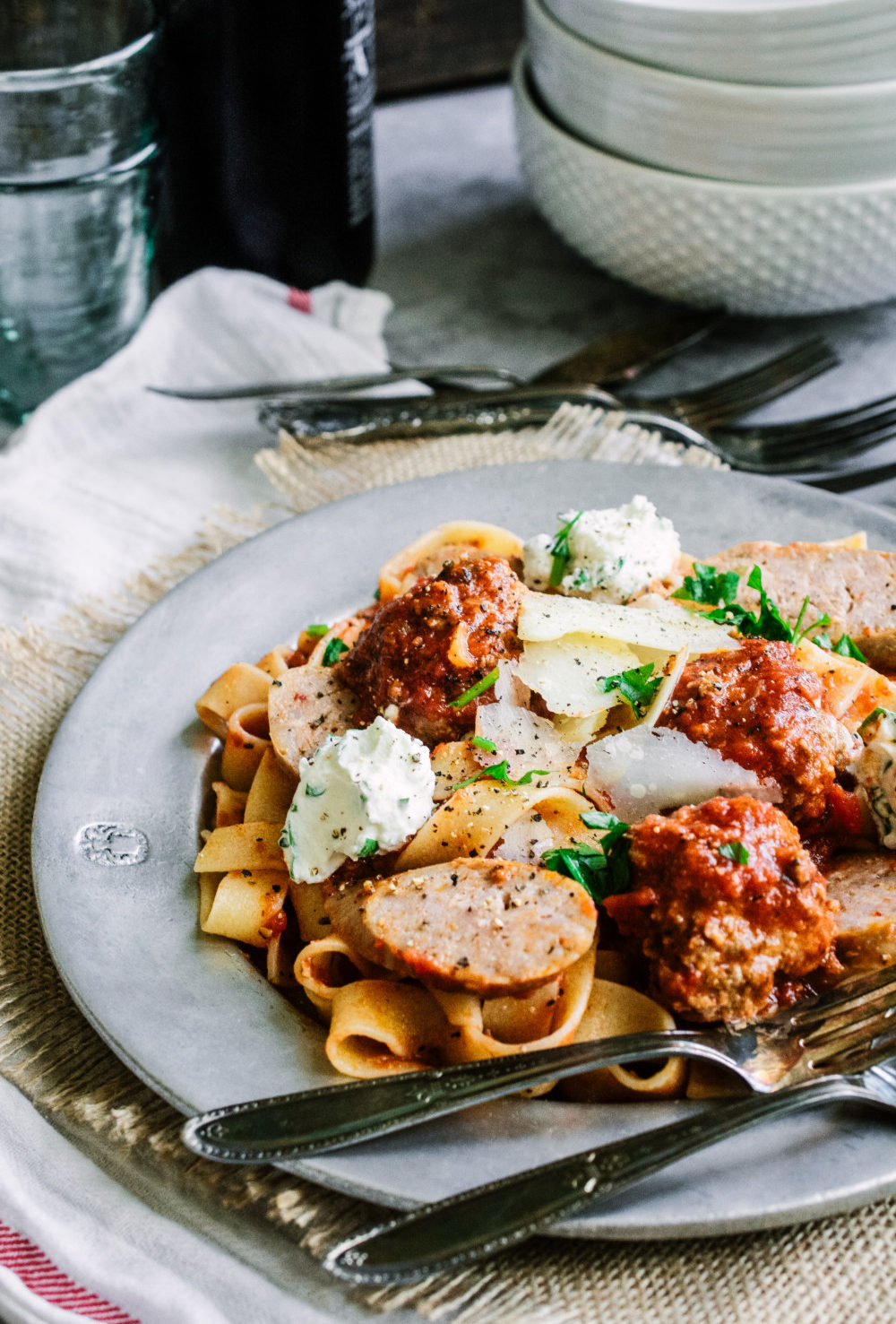 Pappardelle with Meatballs, Spicy Sausage & Herbed Ricotta