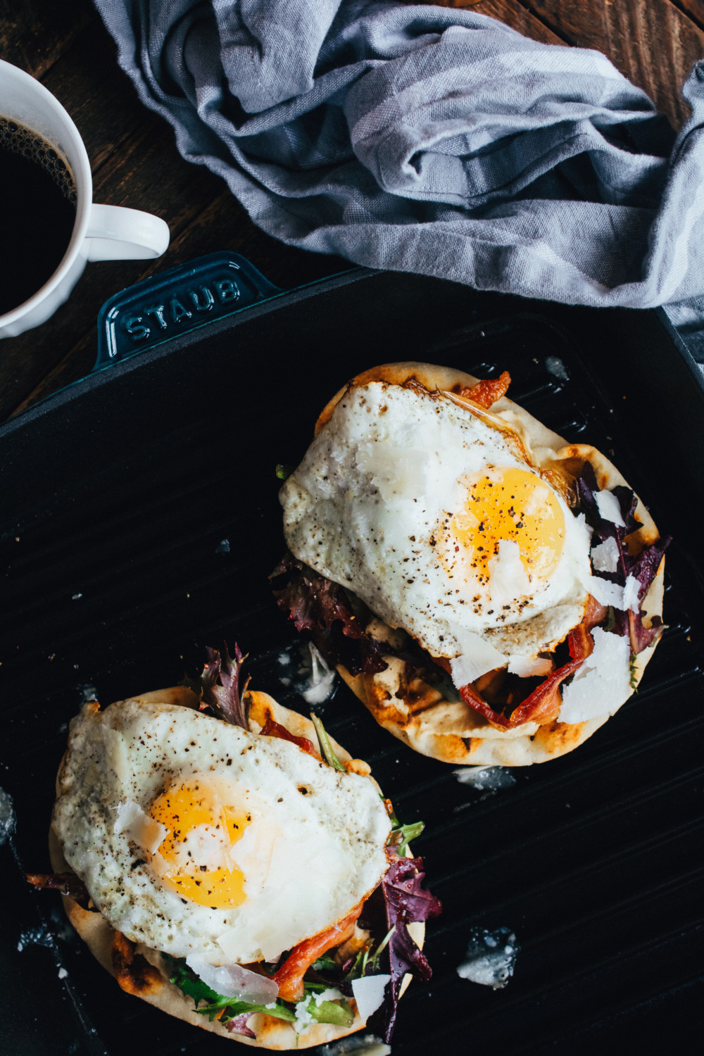 Fried Egg Flatbread with Greens, Bacon and Parmesan