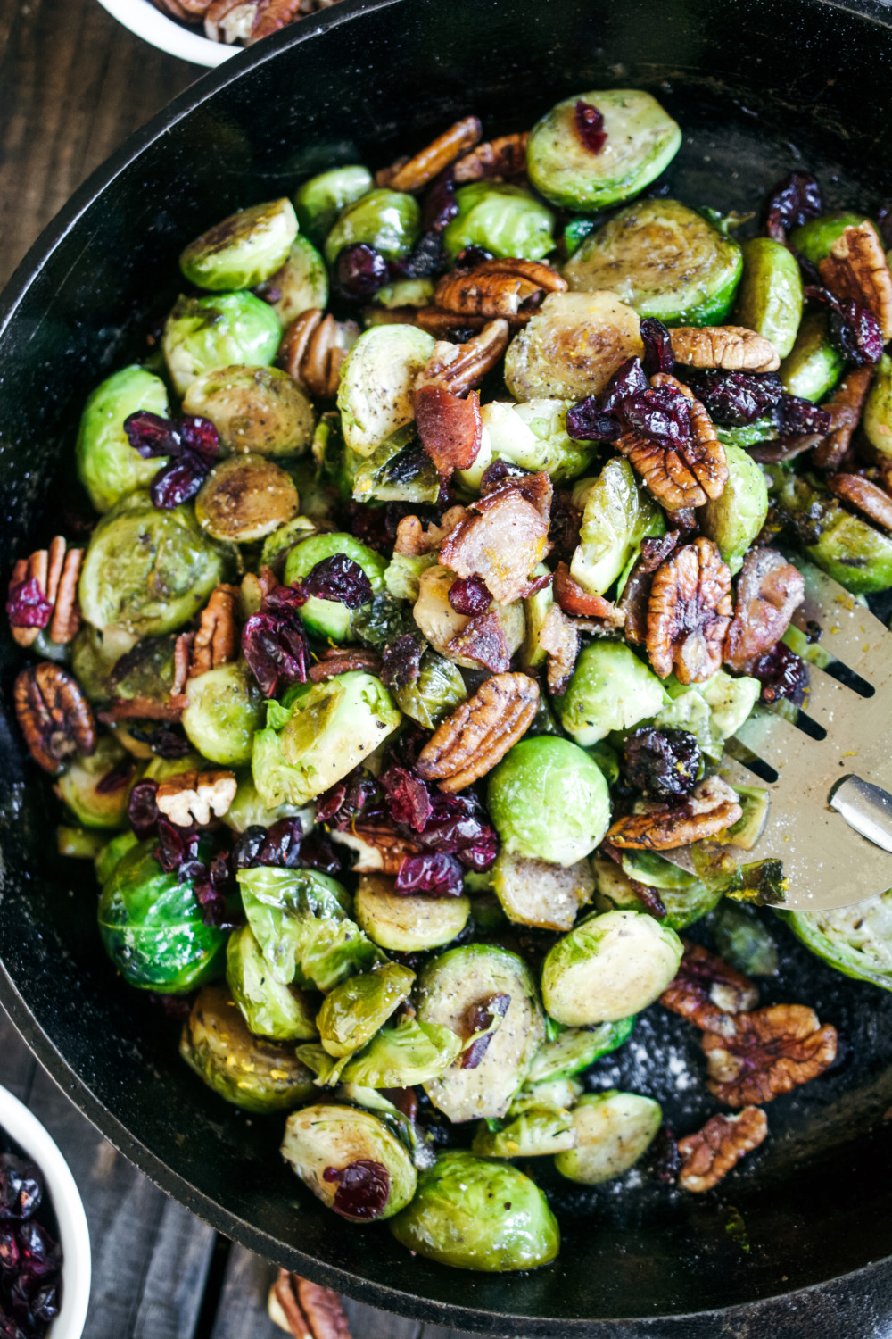 Cast Iron Brussels Sprouts with Bacon, Pecan and Cranberry 