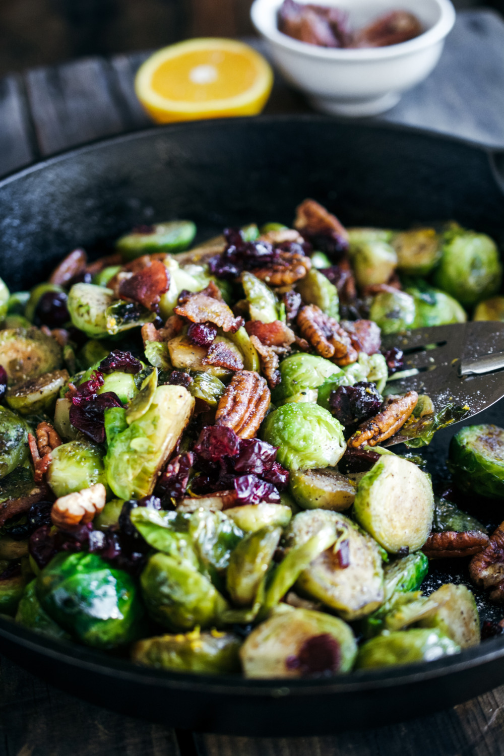 Cast Iron Brussels Sprouts with Bacon, Pecan and Cranberry
