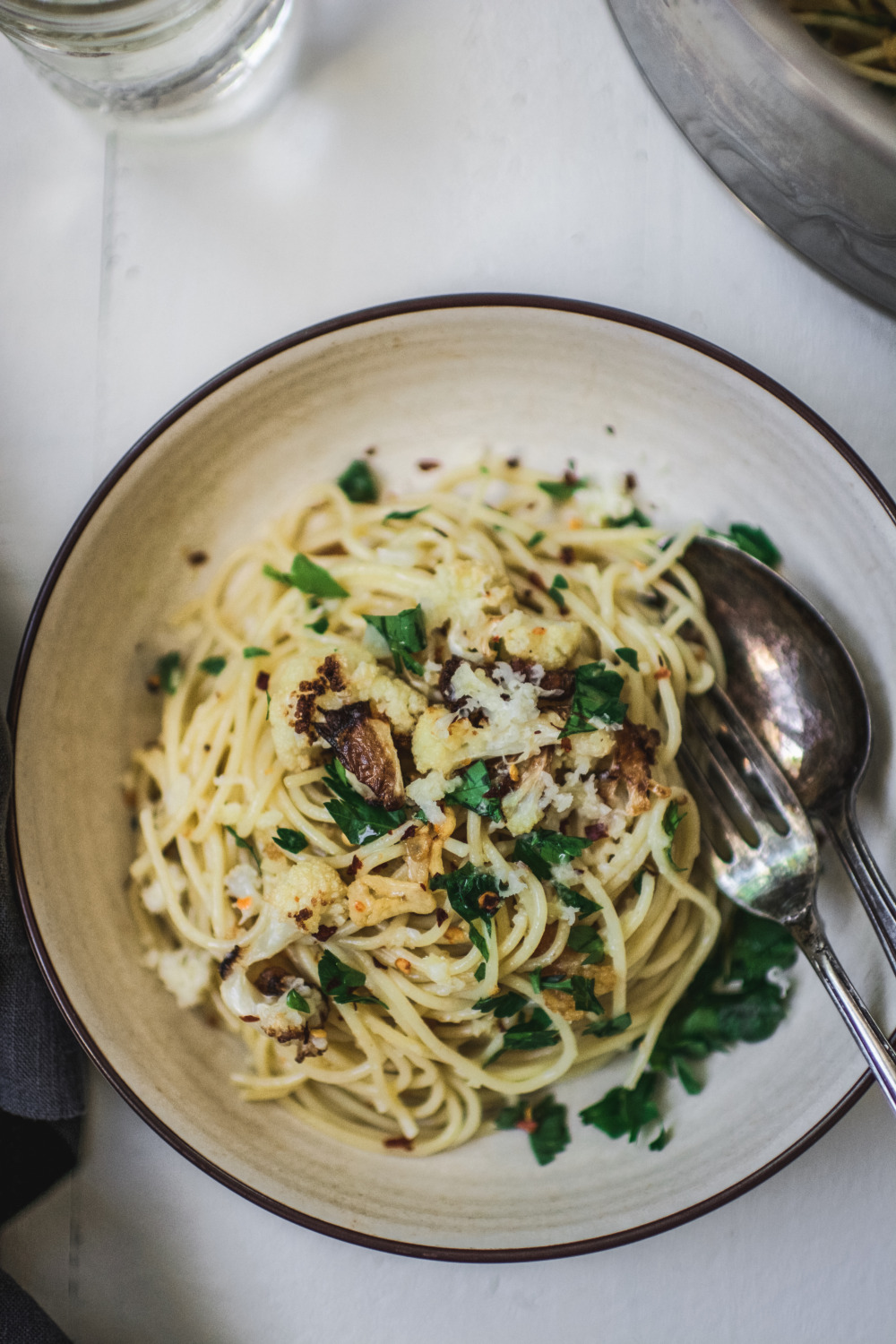 Garlic Spaghetti with Parmigiano Roasted Cauliflower