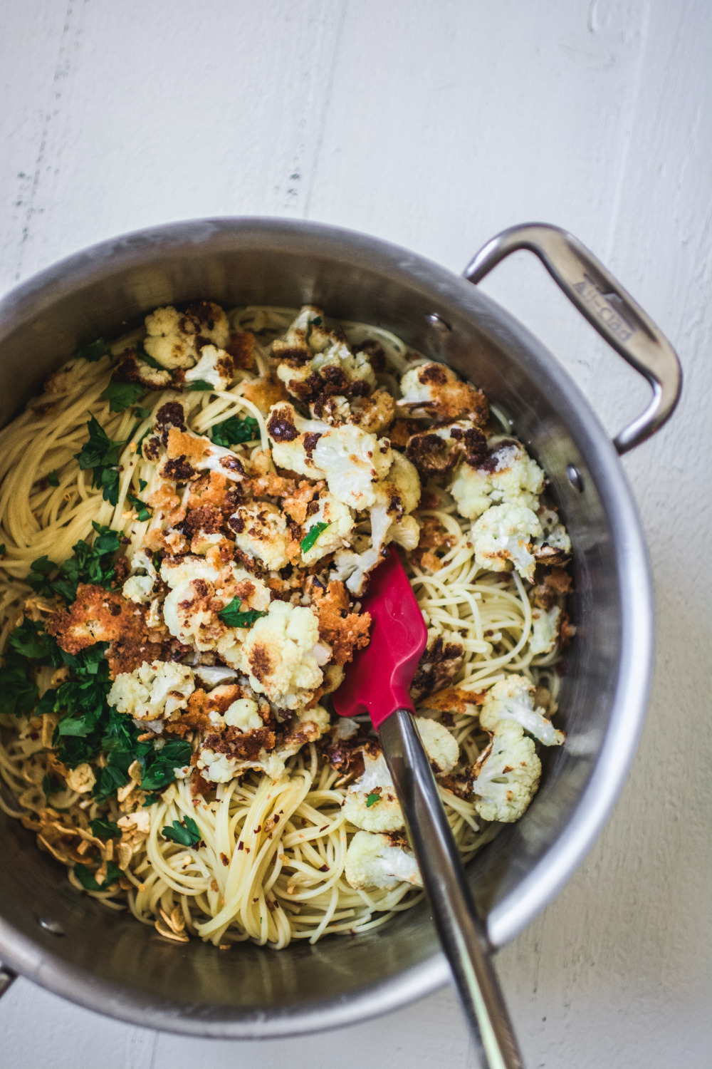 Garlic Spaghetti with Parmigiano Roasted Cauliflower
